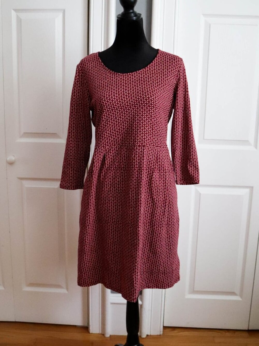 Land's End Cotton Blend Stretch Fit & Flare Dress 3/4 Sleeve Geometric Diamond